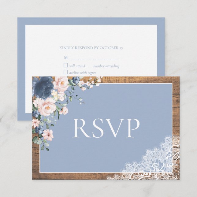Elegant Dusty Blue Blush Bloral Lace Wood Wedding RSVP Karte (Vorne/Hinten)