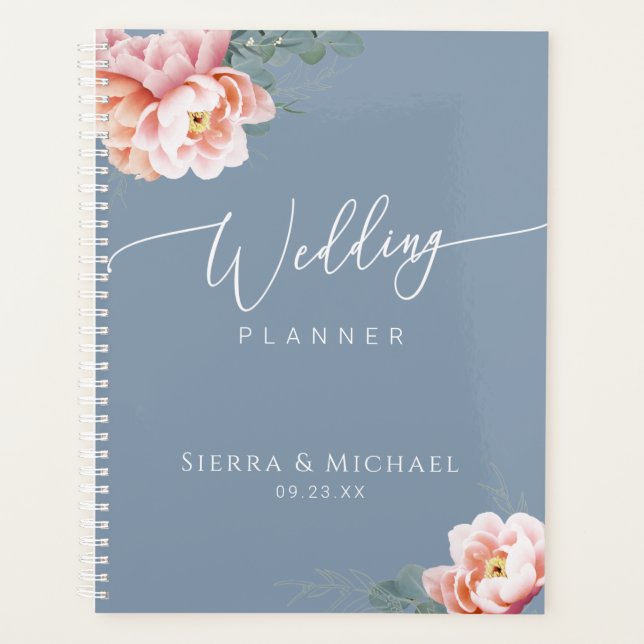 Elegant Dusty Blue Blush Blumengrün Hochzeit Planer (Vorderseite)