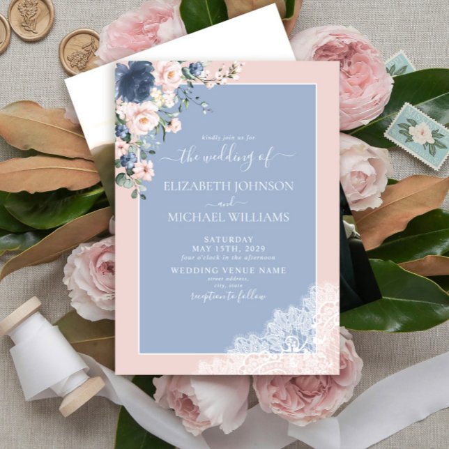Elegant Dusty Blue Blush Lace Script Foto Wedding Einladung (Von Creator hochgeladen)