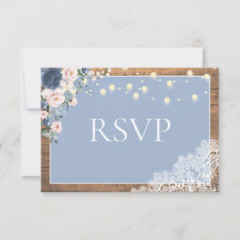 Elegant Dusty Blue Blush Rustic Wood Lace Script RSVP Karte