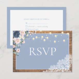 Elegant Dusty Blue Blush Rustic Wood Lace Script RSVP Karte
