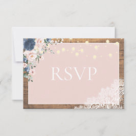 Elegant Dusty Blue Blush Rustic Wood Lace Script RSVP Karte