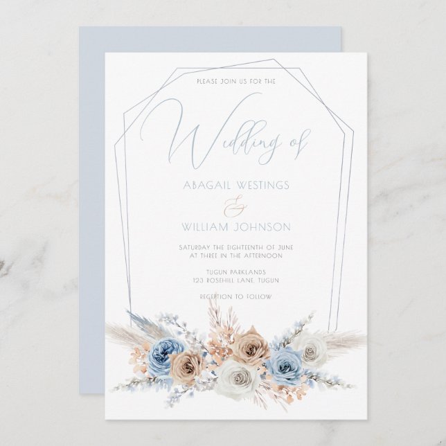 Elegant Dusty Blue Boho oder Beach Wedding Einladung (Vorne/Hinten)