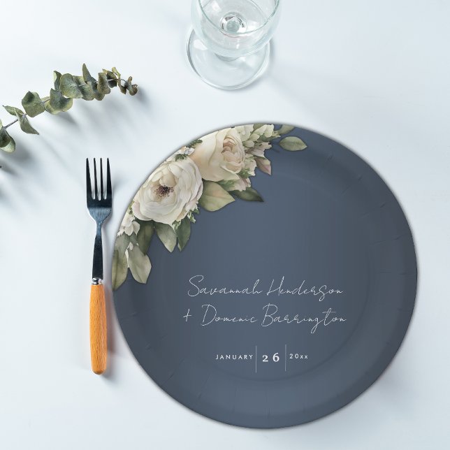 Elegant Dusty Blue Boho Rose Wedding Pappteller (Von Creator hochgeladen)