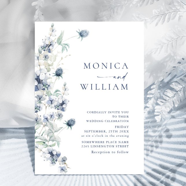 Elegant Dusty Blue Boho Winter Foliage Wedding Einladung (Von Creator hochgeladen)