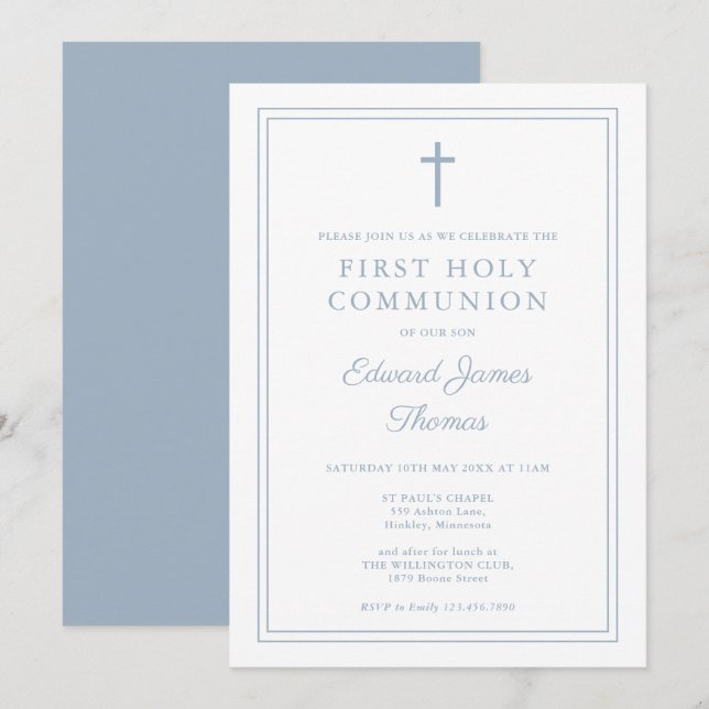 Elegant Dusty Blue Border First Holy Communion Einladung (Vorne/Hinten)