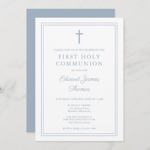 Elegant Dusty Blue Border First Holy Communion Einladung