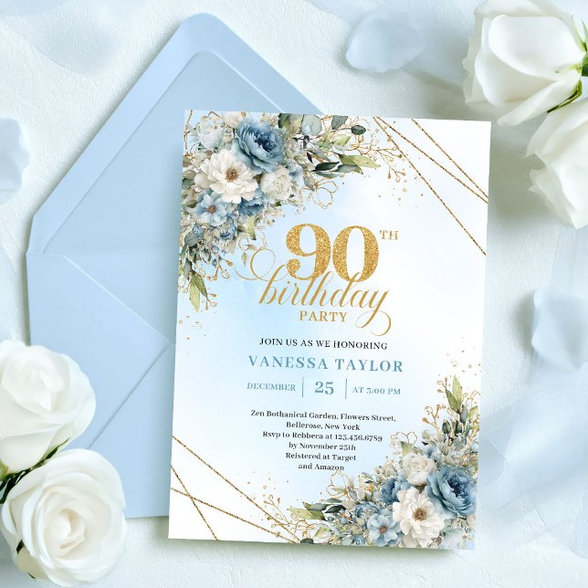 Elegant Dusty Blue Botanical 90th Birthday Invite Einladung (Elegant Dusty Blue Botanical 90th Birthday Invite

)