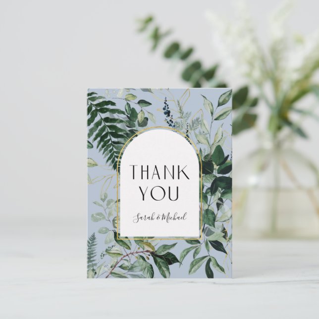 Elegant Dusty Blue Botanical Foliage Vielen Dank Postkarte (Stehend Vorderseite)