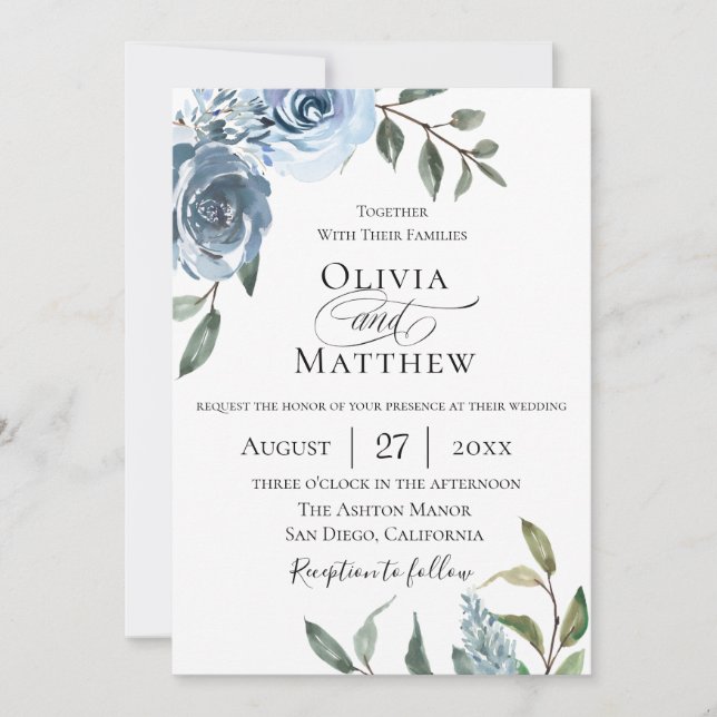 Elegant Dusty Blue Botanical Wedding Einladung (Vorderseite)