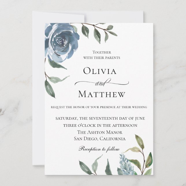Elegant Dusty Blue Botanical Wedding Einladung (Vorderseite)