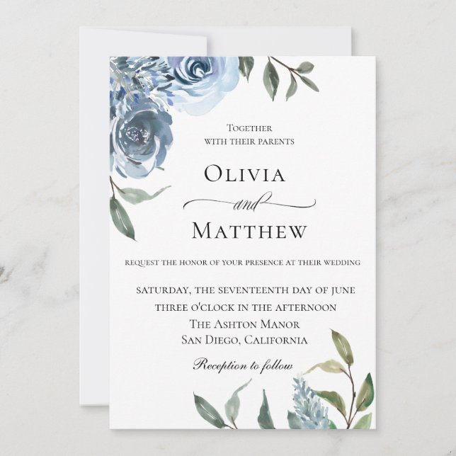 Elegant Dusty Blue Botanical Wedding Einladung (Vorderseite)