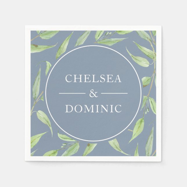 Elegant Dusty Blue Botanical Wedding Serviette (Vorderseite)