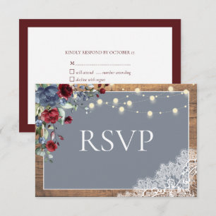 Elégant Dusty Blue Bourgogne Floral Lace Bois RSVP