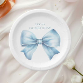 Elegant Dusty Blue Bow First Boy Birthday Pappteller