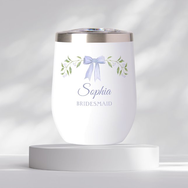 Elégant Dusty Blue Bow Nom Bridesmaid Proposition (Personalized bridesmaid stemless wine glass tumbler with elegant watercolor floral bow design.)