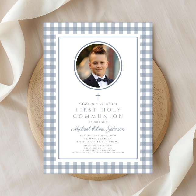 Elegant Dusty Blue Bow Photo Boy First Communion Einladung (Elegant Dusty Blue Bow Photo Boy First Communion Invitation)
