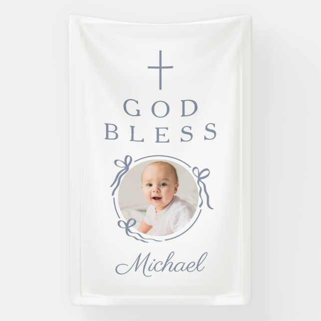 Elegant Dusty Blue Boy God Bless Photo Banner (Vertikal)