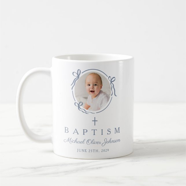 Elegant Dusty Blue Boy Photo Baptism Kaffeetasse (Links)