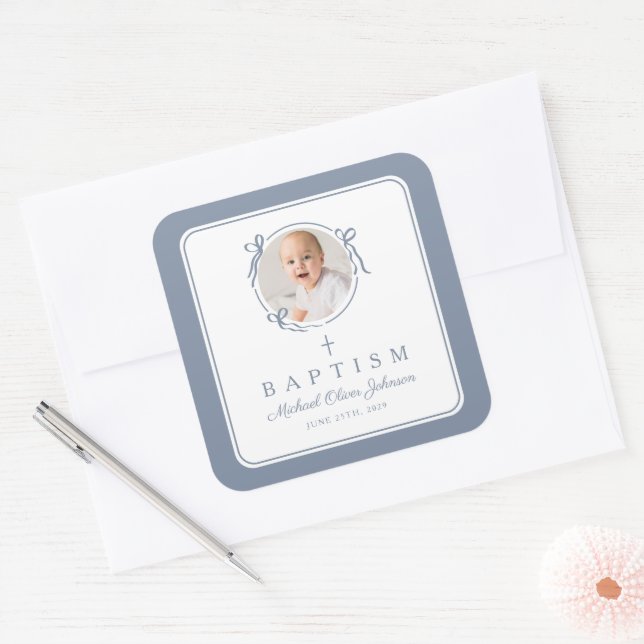 Elegant Dusty Blue Boy Photo Baptism Quadratischer Aufkleber (Umschlag)