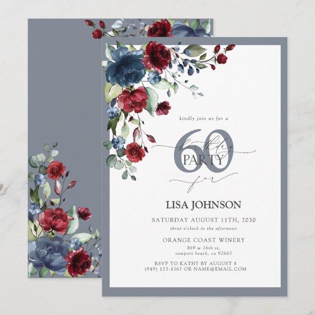 Elegant Dusty Blue & Burgundy Floral 60. Geburtsta Einladung (Vorne/Hinten)