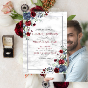 Elegant Dusty Blue Burgundy Floral Foto Wedding Einladung