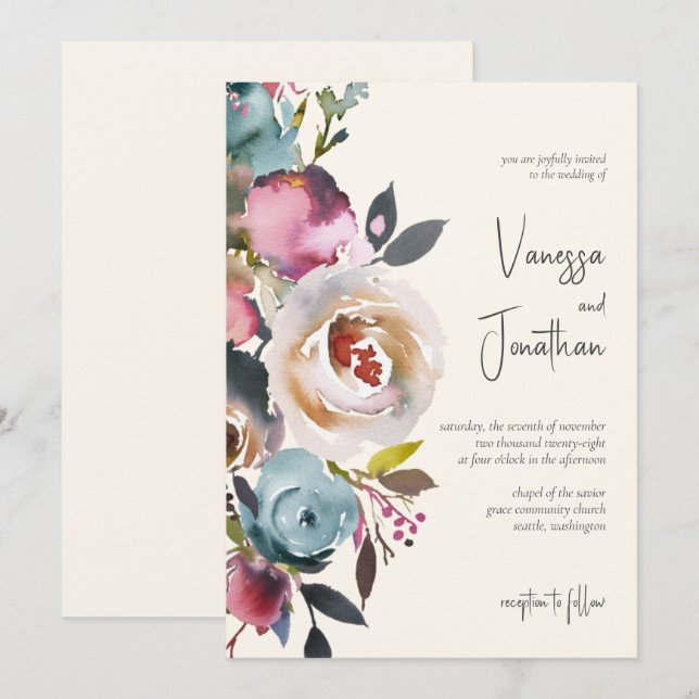 Elegant Dusty Blue Burgundy Ivory Floral Einladung (Vorne/Hinten)