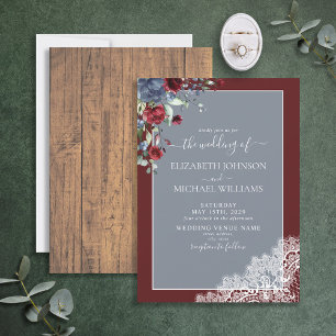 Elegant Dusty Blue Burgundy Wood Script Wedding Einladung