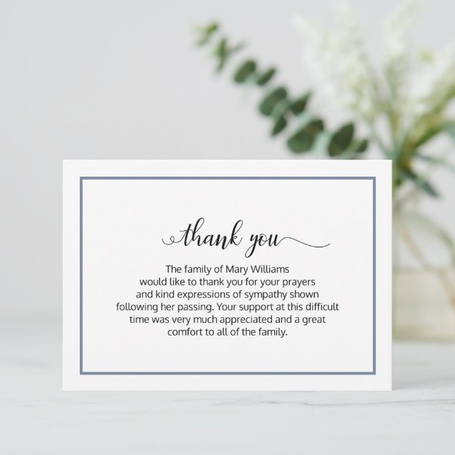 Elegant Dusty Blue Calligraphy Funeral Vielen Dank Dankeskarte (Stehend Vorderseite)
