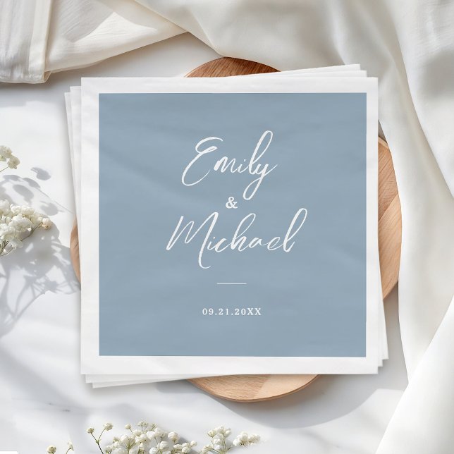 Elegant Dusty Blue Calligraphy Names Wedding Serviette (Elegant calligraphy script on a soft dusty blue background - the perfect touch for your special day)