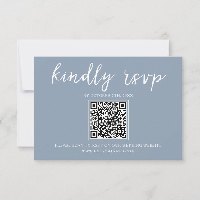 Elegant Dusty Blue Calligraphy QR Code Wedding RSVP Karte (Vorderseite)