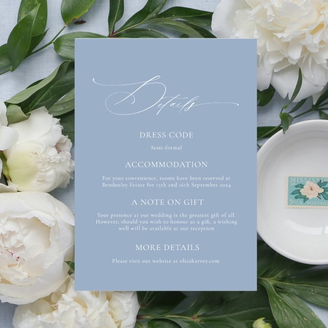Elegant Dusty Blue CalligraphyWedding Details Card Begleitkarte (elegant dusty blue wedding details card, dainty calligraphy dusty blue wedding enclosure card)