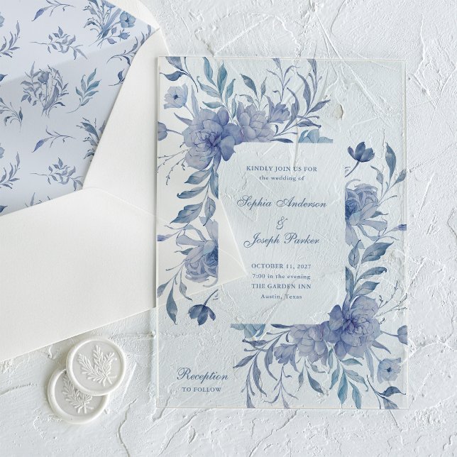 Elegant Dusty Blue Chinoiserie Blumenzwiebelblume Acryleinladungen (Von Creator hochgeladen)