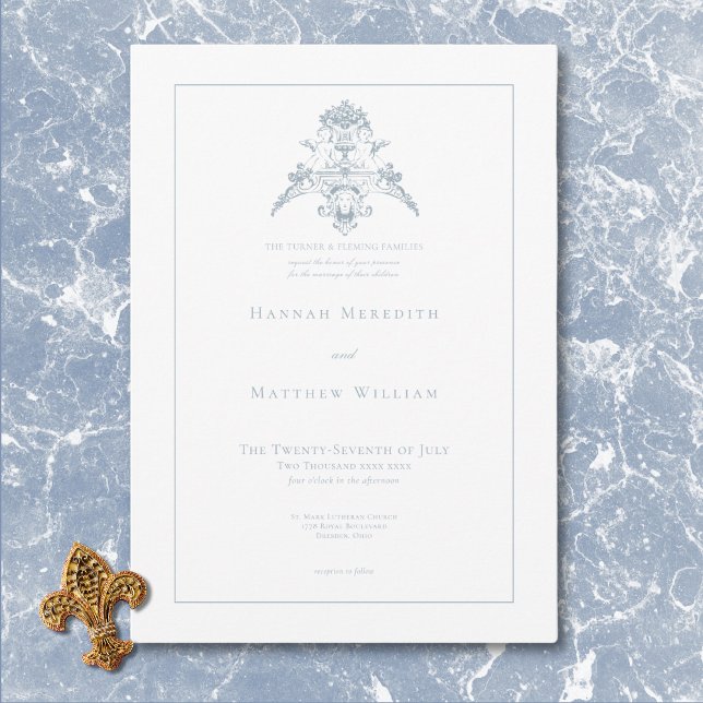 Elegant Dusty Blue Chinoiserie Cherub Wedding Einladung (Elegant Dusty Blue Chinoiserie Cherub Wedding Invitation)