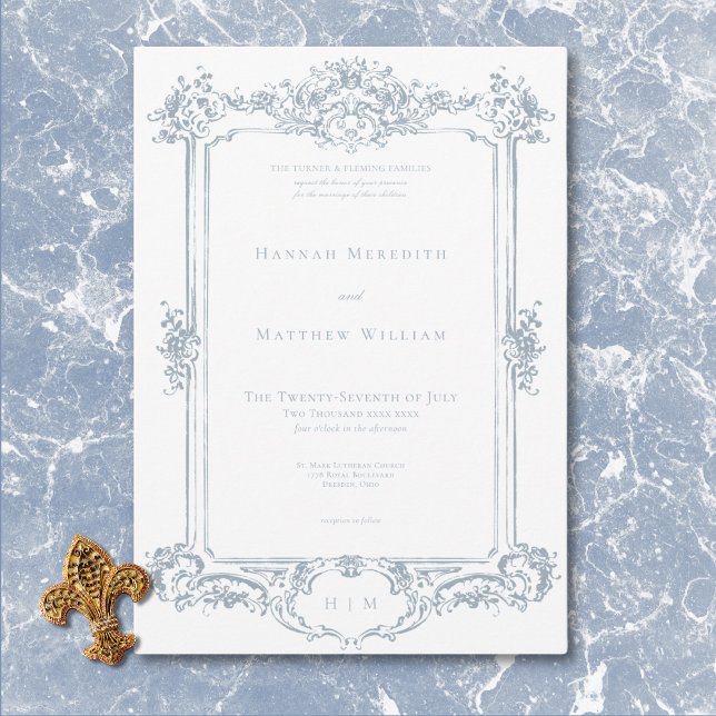 Elegant Dusty Blue Chinoiserie Cherub Wedding Einladung (Elegant Dusty Blue Chinoiserie Cherub Wedding Invitation)