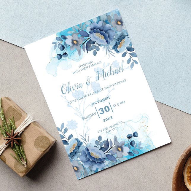 Elegant Dusty Blue Chinoiserie Floral Wedding Einladung (Von Creator hochgeladen)