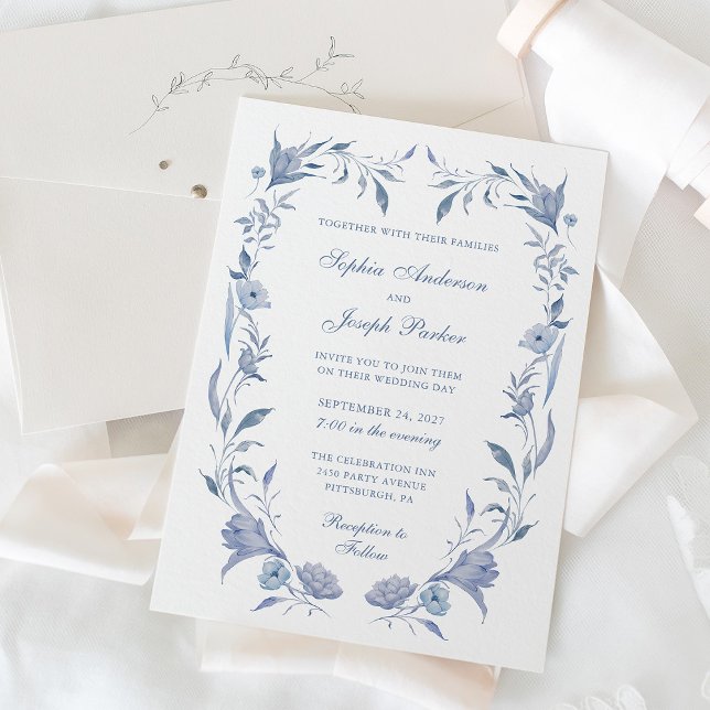 Elegant Dusty Blue Chinoiserie Wedding Einladung (Von Creator hochgeladen)