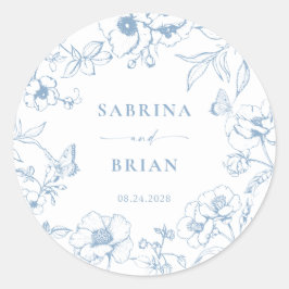 Elegant Dusty Blue Classic Floral Wedding Runder Aufkleber