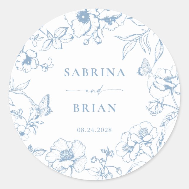 Elegant Dusty Blue Classic Floral Wedding Runder Aufkleber (Vorderseite)
