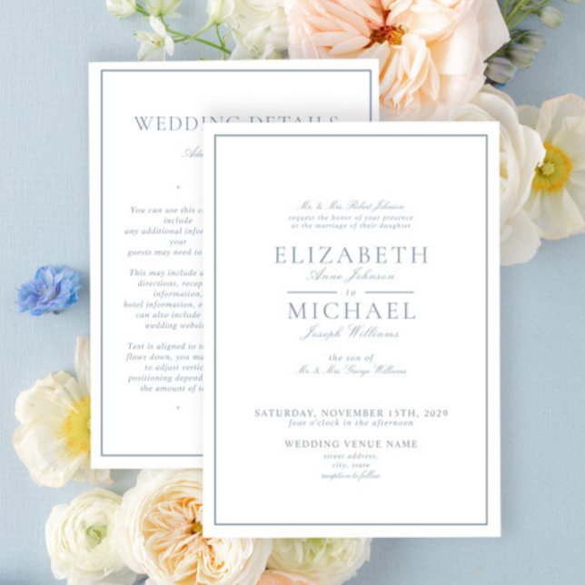 Elegant Dusty Blue Classic Script Details Wedding Einladung (Von Creator hochgeladen)