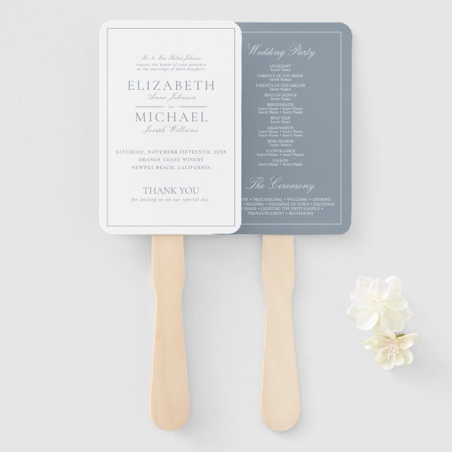 Elegant Dusty Blue Classic Script Wedding Program Fächer (Vorne und Hinten)