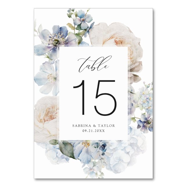 Elegant Dusty Blue Cream Rose Romantische Hochzeit Tischnummer (Vorderseite)