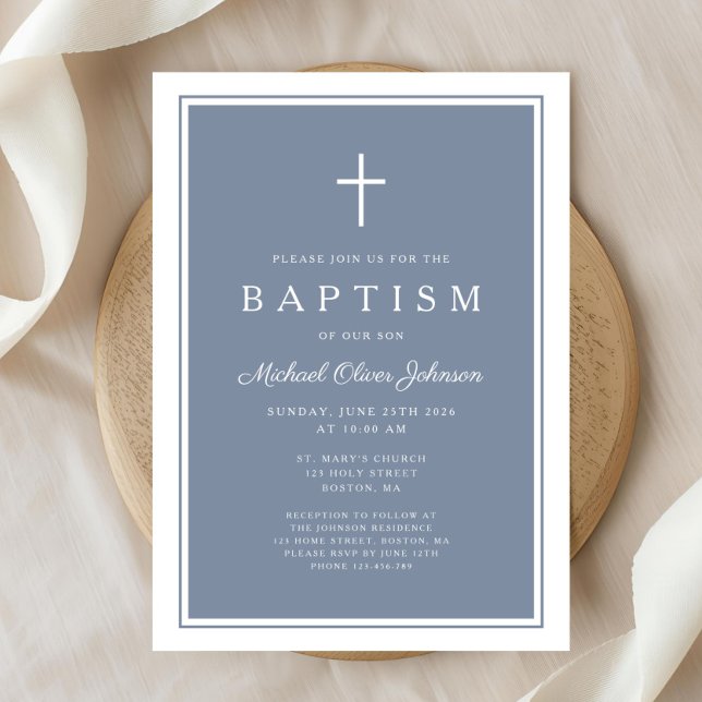 Elegant Dusty Blue Cross Baby Boy Baptism Einladung (Elegant Dusty Blue Cross Baby Boy Baptism Invitation)