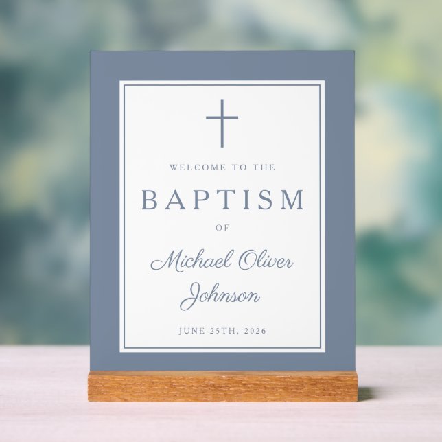 Elegant Dusty Blue Cross Boy Baptism Welcome (Neutre)