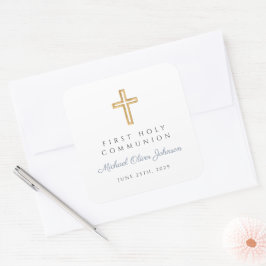Elegant Dusty Blue Cross Boy Erste Kommune Quadratischer Aufkleber