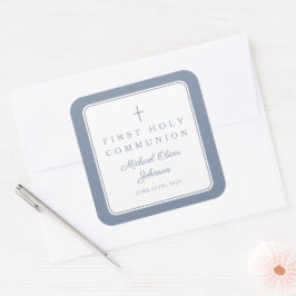 Elegant Dusty Blue Cross Boy First Communion Quadratischer Aufkleber