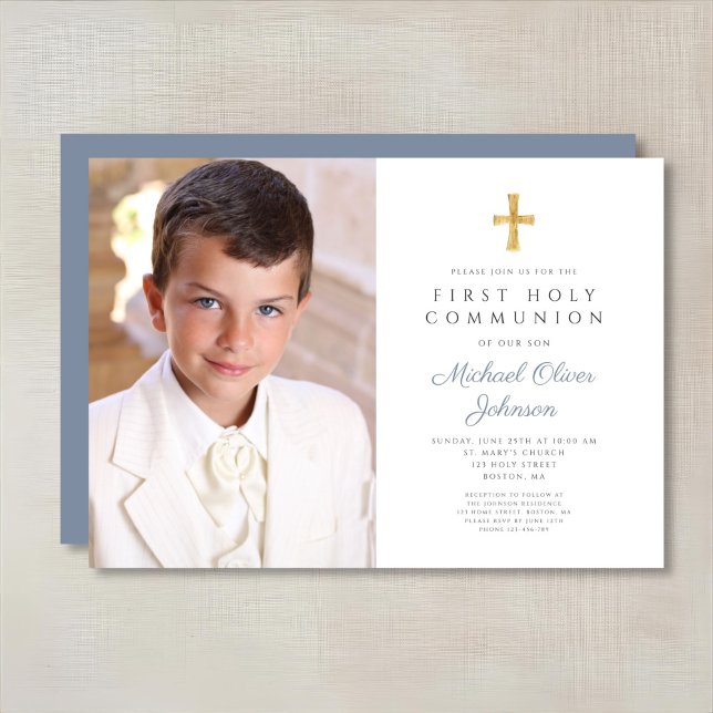 Elegant Dusty Blue Cross Foto Boy First Communion Einladung (Elegant Dusty Blue Cross Photo Boy First Communion Invitation)