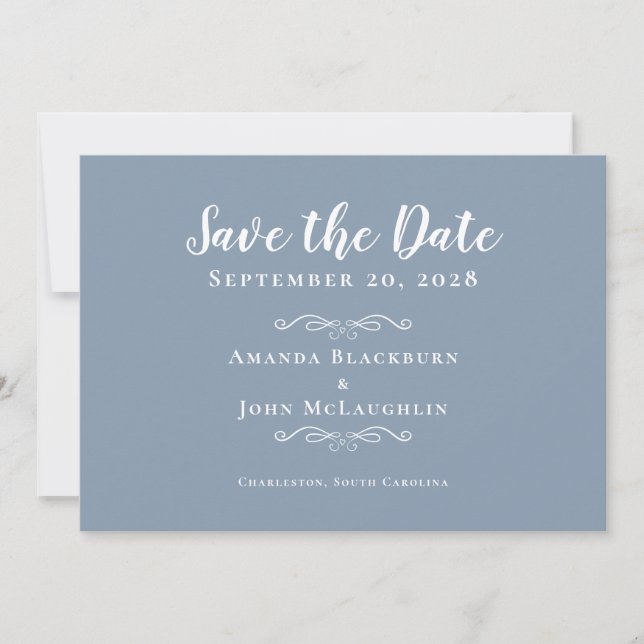 Elegant Dusty Blue Delicate Romantische Kalligraph Save The Date (Vorderseite)