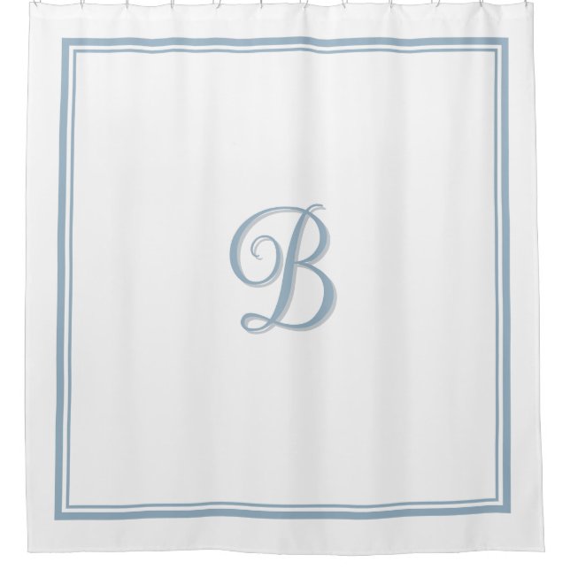 Elegant Dusty Blue Double Border Script Monogram Duschvorhang (Vorderseite)