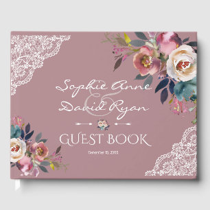 Elegant Dusty Blue Dusty Rose Blume Hochzeit Gästebuch